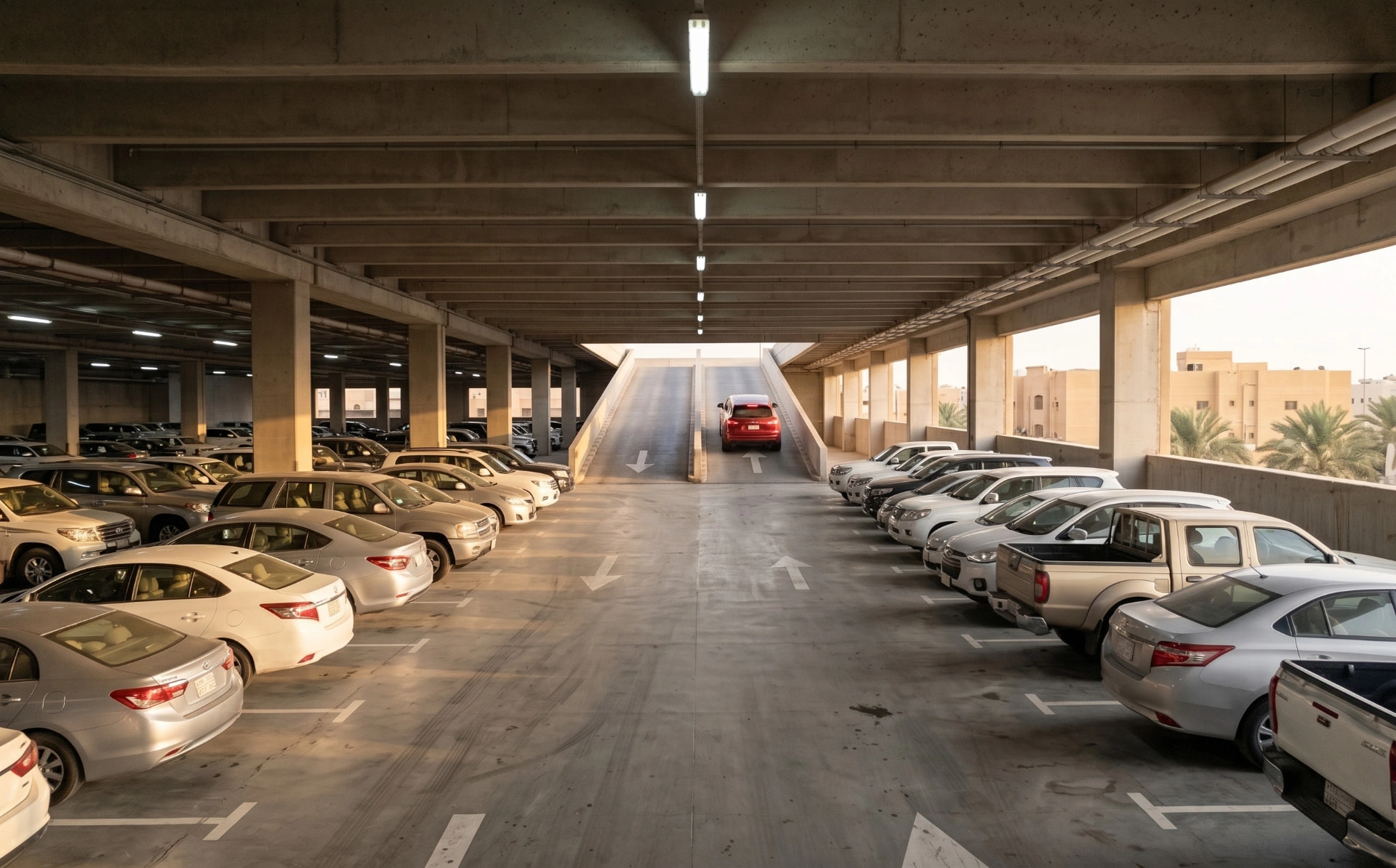 Inside a full parking garage: a wide empty aisle and two ramps, one up and one down, take up much of the floor