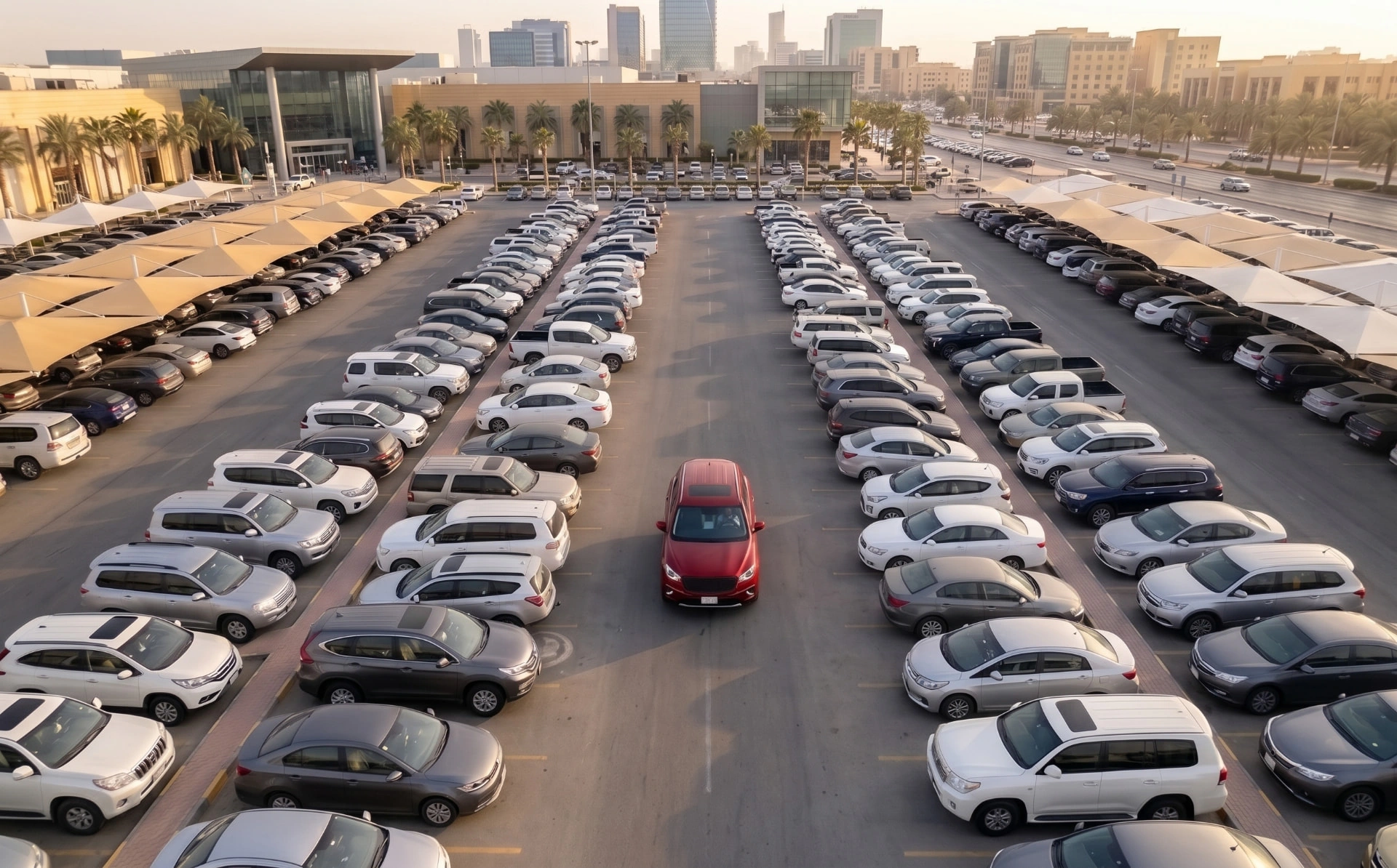 A red car searching for a space in a full parking lot outside a Riyadh mall