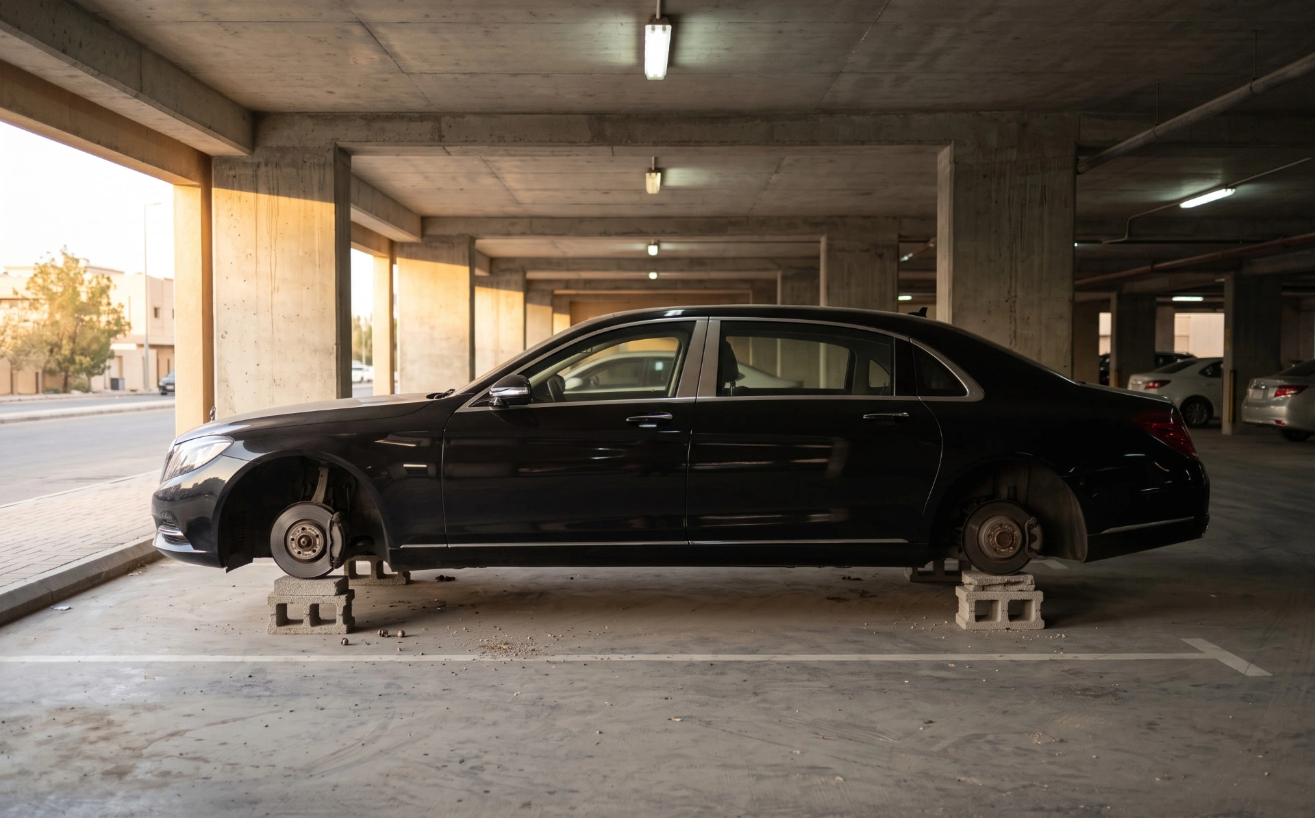 A luxury car in an open parking garage with its wheels stolen, left resting on concrete blocks