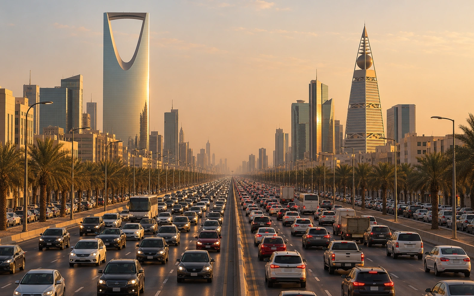 Riyadh roads packed with traffic and full kerbside parking, with Kingdom Centre and Al Faisaliah towers in the background